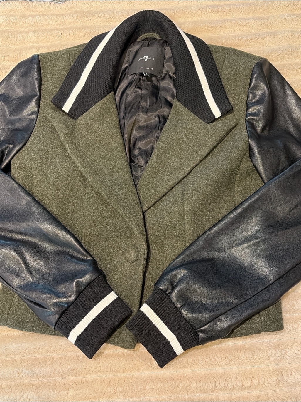 7 For All Mankind Olive Green And Black Varsity Jacket